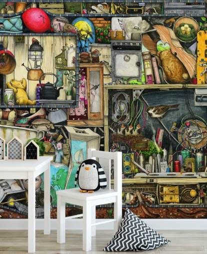 quirky bookshelves wallpaper