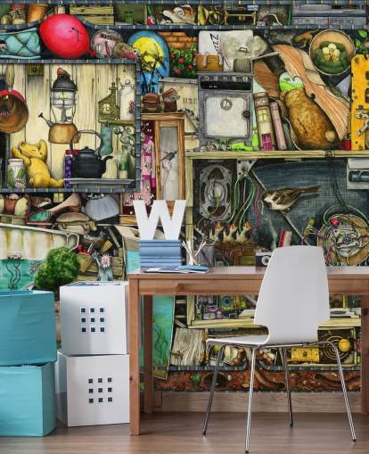 quirky bookshelves wallpaper