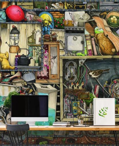 quirky bookshelves wallpaper