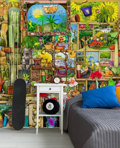 armário cheio de papel de parede de objetos de jardinagem