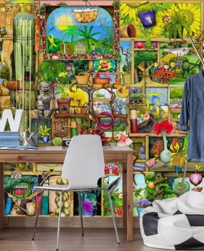 cupboard full of gardening objects wallpaper