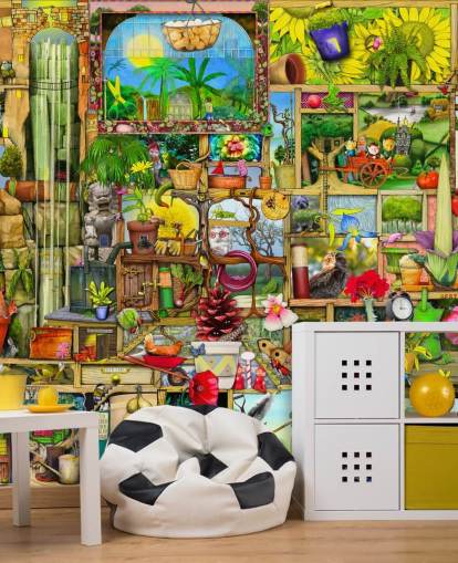 cupboard full of gardening objects wallpaper