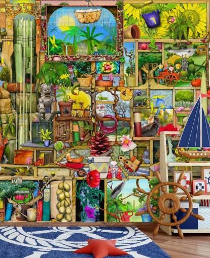 Wandschrank voller Gartengegenstände, Tapete