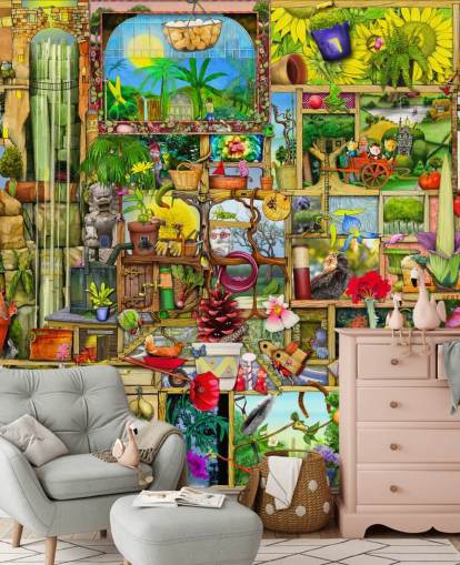 cupboard full of gardening objects wallpaper