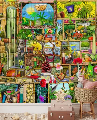 cupboard full of gardening objects wallpaper