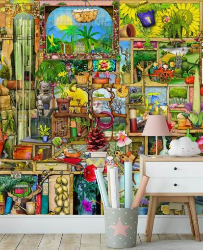 armário cheio de papel de parede de objetos de jardinagem