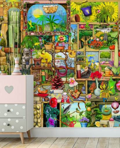 armoire remplie d'objets de jardinage, papier peint