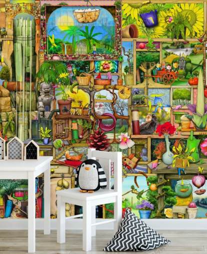 armario lleno de papel pintado de objetos de jardinería