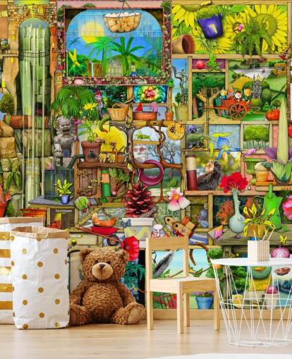 armario lleno de papel pintado de objetos de jardinería