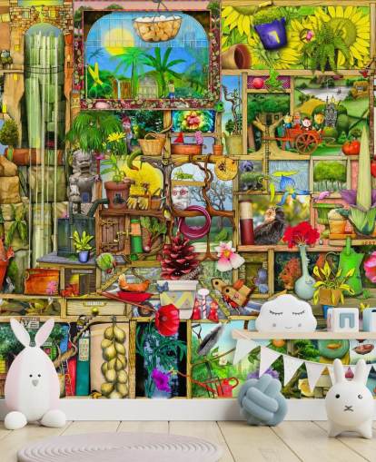 Wandschrank voller Gartengegenstände, Tapete