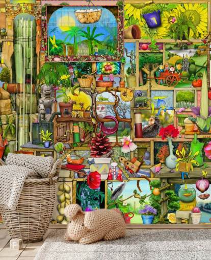 Wandschrank voller Gartengegenstände, Tapete