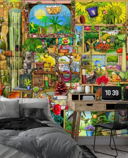 armario lleno de papel pintado de objetos de jardinería