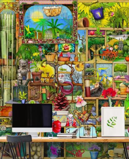 Wandschrank voller Gartengegenstände, Tapete