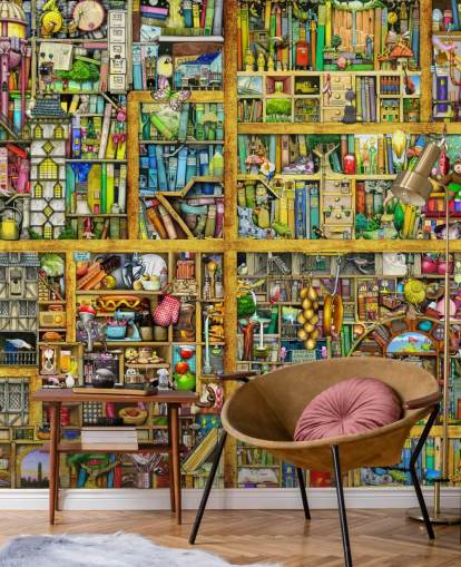 Kleurrijk boekenplankbehang