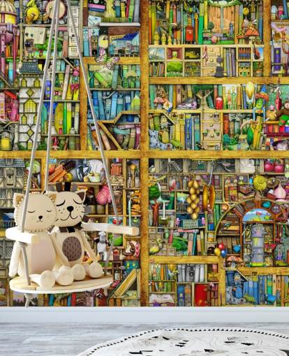 Fargerik bokhylle tapet