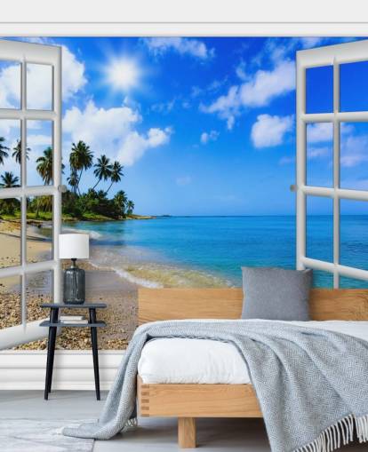 blå og hvit tilpassbar 3d strand tapet veggmaleri kalt Paradise Beach Window View for omsorgsboliger