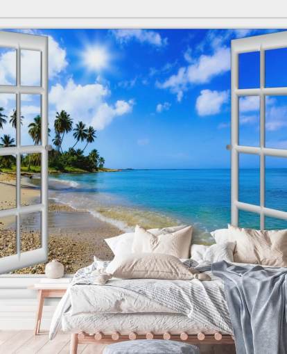 blå og hvid tilpasselig 3d strand tapet vægmaleri kaldet Paradise Beach Window View til plejehjem