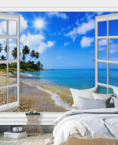 blauw-witte aanpasbare 3D-strandbehangmuurschildering genaamd Paradise Beach Window View voor verzorgingstehuizen