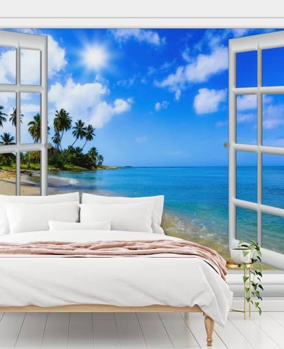 blå og hvid tilpasselig 3d strand tapet vægmaleri kaldet Paradise Beach Window View til plejehjem