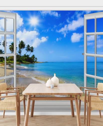 blauw-witte aanpasbare 3D-strandbehangmuurschildering genaamd Paradise Beach Window View voor verzorgingstehuizen