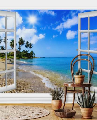 blå og hvit tilpassbar 3d strand tapet veggmaleri kalt Paradise Beach Window View for omsorgsboliger