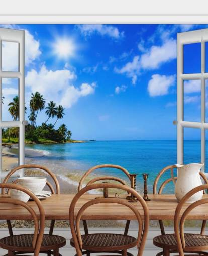 mural de papel de parede de praia 3D personalizável em azul e branco chamado Paradise Beach Window View para casas de repouso