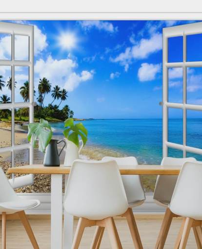sinivalkoinen muokattava 3d-ranta-taustakuvamaalaus nimeltä Paradise Beach Window View hoitokodeille sinivalkoinen muokattava 3d-ranta-taustakuvamaalaus nimeltä Paradise Beach Window View hoitokodeille