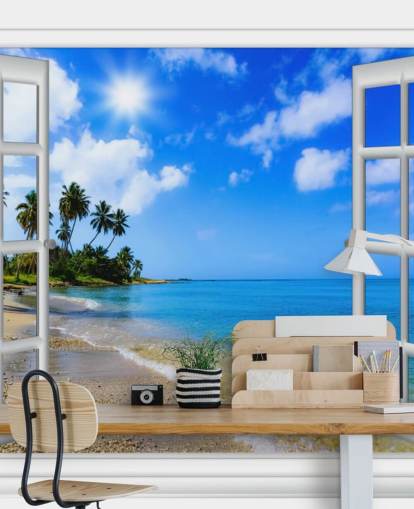 papier peint de plage 3D personnalisable bleu et blanc appelé Paradise Beach Window View pour les maisons de retraite