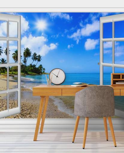 blå og hvid tilpasselig 3d strand tapet vægmaleri kaldet Paradise Beach Window View til plejehjem blå og hvid tilpasselig 3d strand tapet vægmaleri kaldet Paradise Beach Window View til plejehjem
