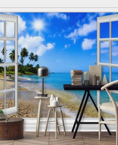 mural de papel pintado de playa en 3D personalizable en blanco y azul llamado Paradise Beach Window View para residencias de ancianos