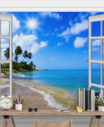 blue and white customizable 3d beach wallpaper mural called Paradise Beach Window View for care homes