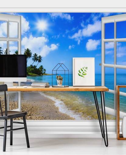 sinivalkoinen muokattava 3d-ranta-taustakuvamaalaus nimeltä Paradise Beach Window View hoitokodeille sinivalkoinen muokattava 3d-ranta-taustakuvamaalaus nimeltä Paradise Beach Window View hoitokodeille