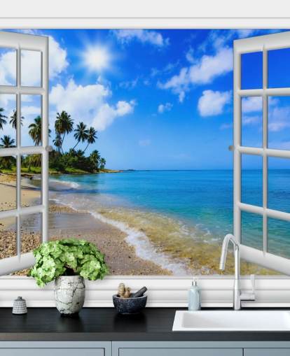 blå og hvit tilpassbar 3d strand tapet veggmaleri kalt Paradise Beach Window View for omsorgsboliger