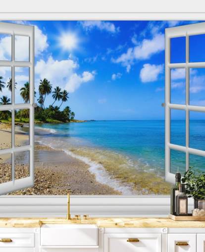 blue and white customizable 3d beach wallpaper mural called Paradise Beach Window View for care homes
