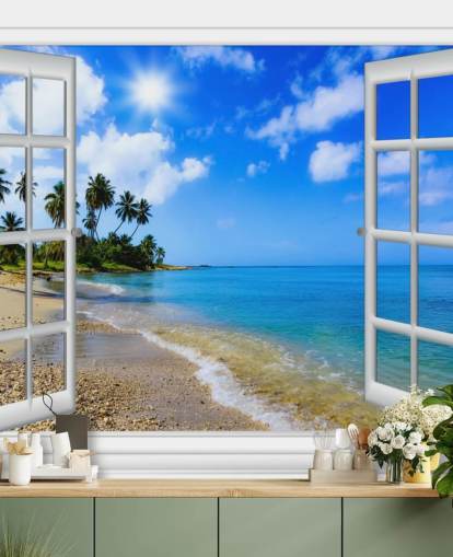 mural de papel pintado de playa en 3D personalizable en blanco y azul llamado Paradise Beach Window View para residencias de ancianos