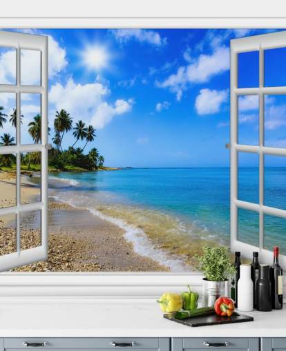 sinivalkoinen muokattava 3d-ranta-taustakuvamaalaus nimeltä Paradise Beach Window View hoitokodeille sinivalkoinen muokattava 3d-ranta-taustakuvamaalaus nimeltä Paradise Beach Window View hoitokodeille