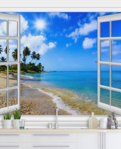 mural de papel pintado de playa en 3D personalizable en blanco y azul llamado Paradise Beach Window View para residencias de ancianos mural de papel pintado de playa en 3D personalizable en blanco y azul llamado Paradise Beach Window View para residencias de ancianos