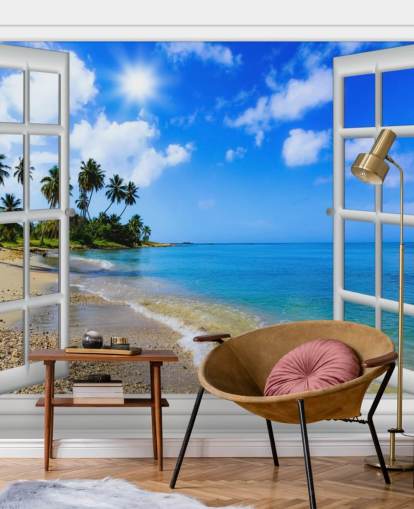 mural de papel pintado de playa en 3D personalizable en blanco y azul llamado Paradise Beach Window View para residencias de ancianos