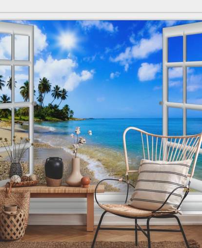 blauw-witte aanpasbare 3D-strandbehangmuurschildering genaamd Paradise Beach Window View voor verzorgingstehuizen