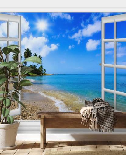 Blau-weiße, personalisierbare 3D-Strandtapete namens Paradise Beach Window View für Pflegeheime
