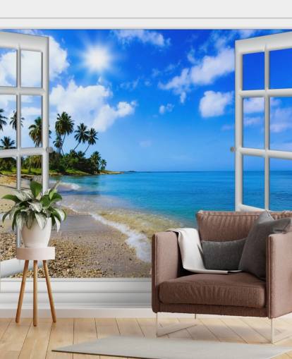 carta da parati murale 3D personalizzabile blu e bianca sulla spiaggia chiamata Paradise Beach Window View per case di cura carta da parati murale 3D personalizzabile blu e bianca sulla spiaggia chiamata Paradise Beach Window View per case di cura