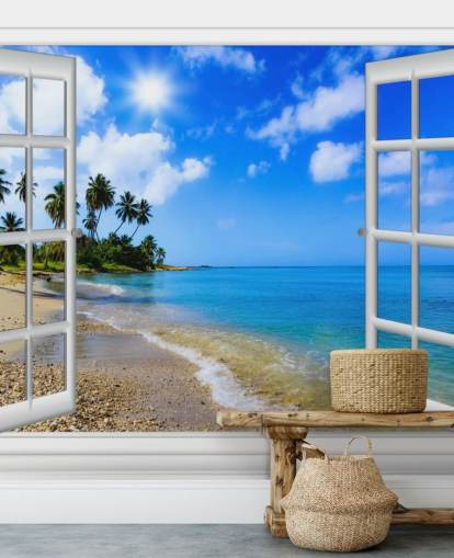 sinivalkoinen muokattava 3d-ranta-taustakuvamaalaus nimeltä Paradise Beach Window View hoitokodeille