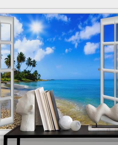 sinivalkoinen muokattava 3d-ranta-taustakuvamaalaus nimeltä Paradise Beach Window View hoitokodeille