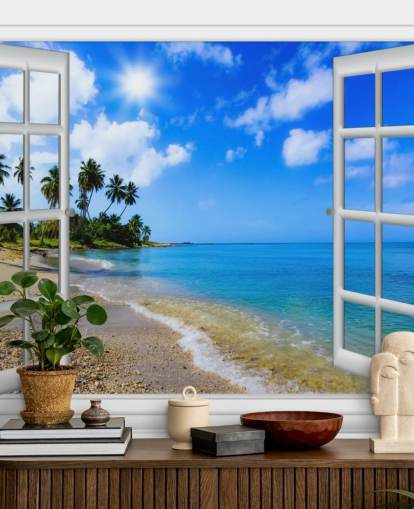 blauw-witte aanpasbare 3D-strandbehangmuurschildering genaamd Paradise Beach Window View voor verzorgingstehuizen