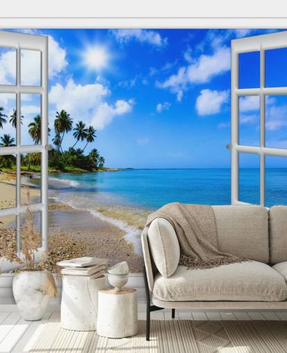 mural de papel pintado de playa en 3D personalizable en blanco y azul llamado Paradise Beach Window View para residencias de ancianos