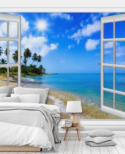 mural de papel de parede de praia 3D personalizável em azul e branco chamado Paradise Beach Window View para casas de repouso