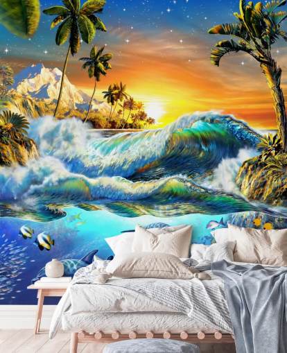 Papel pintado Delfines y peces tropicales