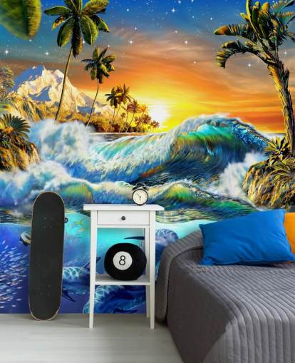 Papel pintado Delfines y peces tropicales