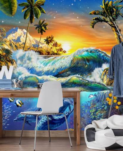 Papel pintado Delfines y peces tropicales