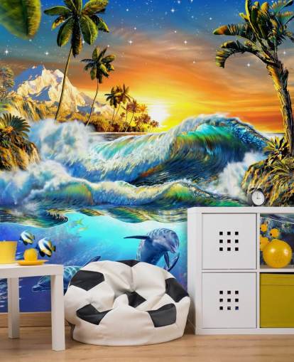 Papel pintado Delfines y peces tropicales